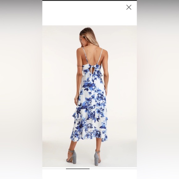 Island Time Blue and White Floral Print Ruffled Midi Dress by LULU's - Picture 5 of 16
